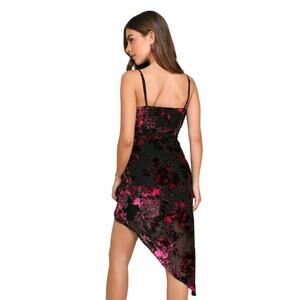 Lulus Assymetrical Velvet Burnout Dress Sz M Black Burgandy Whimsigoth Fairycore